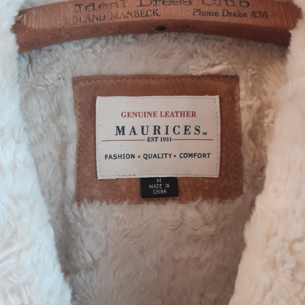 175a. vintage tan Maurices leather y2k Penny Lane coat with faux fur trim, M - Picture 7 of 7